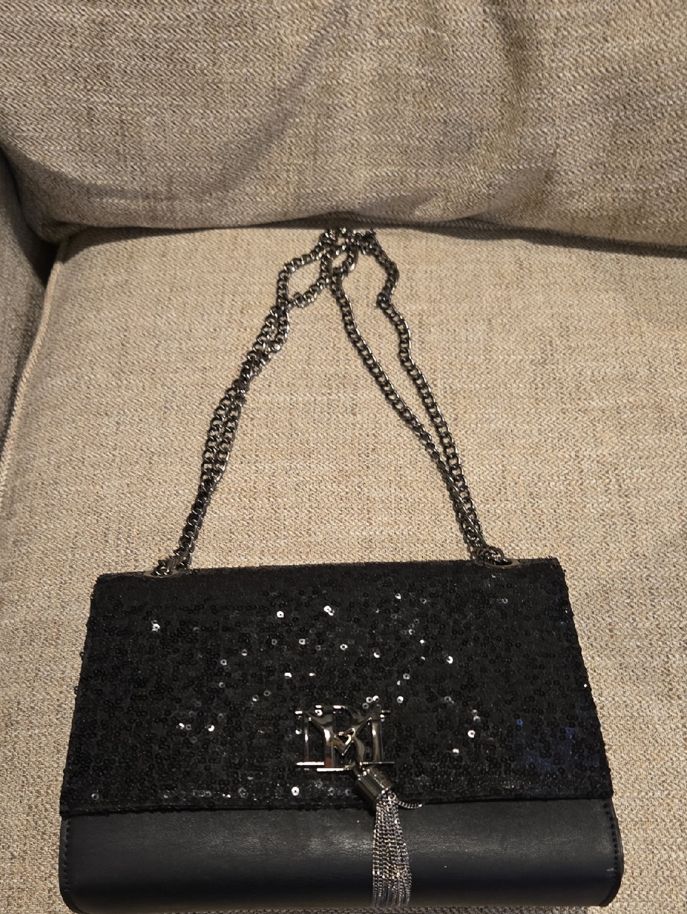 Badgley Mischka Black Sequin Chain Crossbody with Tassel